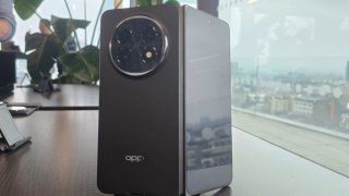 Oppo’s new Find N5 folding smartphone on display at a press briefing in London.