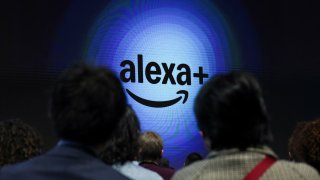 The logo of Amazon’s Alexa+ is displayed on a screen during an Amazon Devices launch event in New York City on Feb. 26, 2025.