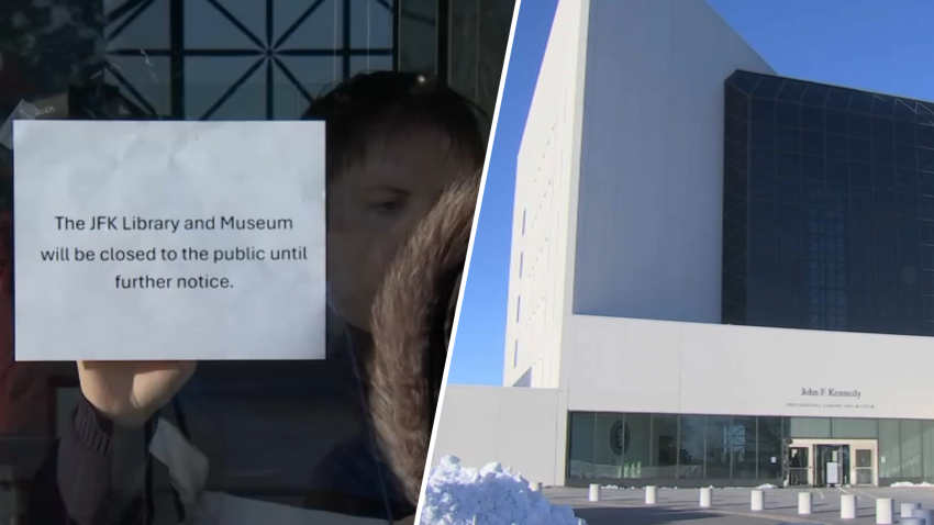 At left, a sign on the door of the John F. Kennedy Library on Tuesday, Feb. 18, 2025, saying the facility, seen at right, was closed.