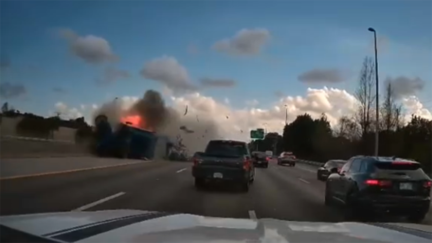 Wild new dashcam video shows a tractor-trailer erupting in flames during a rollover crash on the Florida’s Turnpike in Broward.
