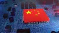 Computer chip with Chinese flag, 3d conceptual illustration.
