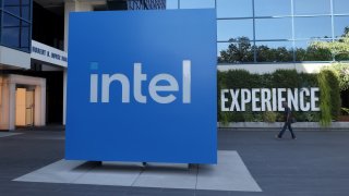 A sign is posted in front of Intel headquarters in Santa Clara, California, on Aug. 1, 2024.