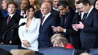 CEO of Meta and Facebook Mark Zuckerberg, Lauren Sanchez, Amazon founder Jeff Bezos, Google CEO Sundar Pichai, and Tesla and SpaceX CEO Elon Musk attend the inauguration ceremony before Donald Trump is sworn in as the 47th U.S. president in the U.S. Capitol Rotunda in Washington, Jan. 20, 2025.