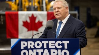 Ontario Premier Doug Ford speaks during a campaign stop at Walker Construction in Niagara Falls, Ontario, Canada, on Jan. 31, 2025.
