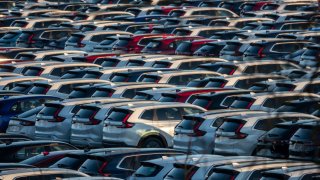 Recently imported brand new unregistered Honda cars are parked in a storage yard at the Port of Bristol on January 15, 2025 near Bristol, England.
