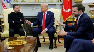 U.S. President Donald Trump meets with Ukrainian President Volodymyr Zelenskiy as U.S. Vice President JD Vance reacts at the White House in Washington, D.C., U.S., Feb. 28, 2025.