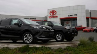 Brand new Toyota cars are displayed on the sales lot at Hanlees Hilltop Toyota on March 4, 2025 in Richmond, California.
