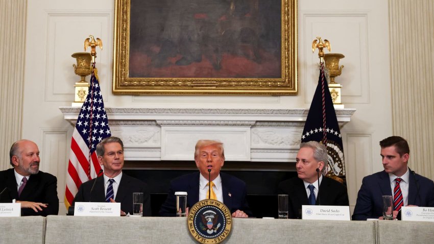 U.S. President Donald Trump speaks as Crypto czar David Sacks, U.S. Treasury Secretary Scott Bessent, U.S. Commerce Secretary Howard Lutnick, and Executive Director of the Presidential Council of Advisers for Digital Assets Bo Hines attend the White House Crypto Summit at the White House in Washington, D.C., U.S., March 7, 2025. 
