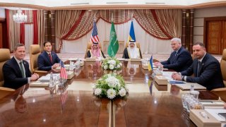 U.S Secretary of State Marco Rubio, U.S National Security Advisor Mike Waltz, Ukrainian Foreign Minister Andrii Sybiha and Ukrainian Head of Presidential Office Andriy Yermak hold a meeting in the presence of Saudi Foreign Minister Faisal bin Farhan and National Security Advisor Mosaad bin Mohammad Al-Aiban, in Jeddah, Saudi Arabia, March 11, 2025. 