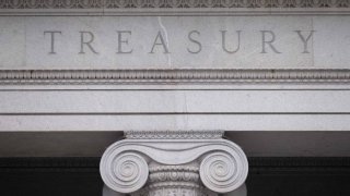 The US Treasury Department building is seen in Washington, DC.