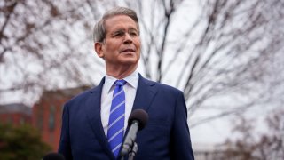 Treasury Secretary Scott Bessent speaks to reporters outside the West Wing after doing a television interview on the North Lawn of the White House on March 13, 2025 in Washington, DC.