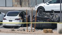 Burned Teslas are shown at a Tesla Collision Center after an individual used incendiary devices to set several vehicles on fire on March 18, 2025 in Las Vegas, Nevada. 