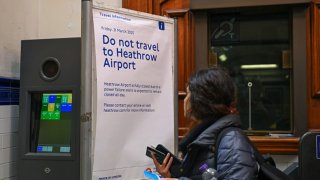 A reads “Do Not Travel To Heathrow Airport” at Hounslow Central London Underground station on March 21, 2025.