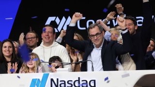 Michael Intrator, Founder & CEO of CoreWeave, Inc., Nvidia-backed cloud services provider, gestures during the company’s IPO at the Nasdaq Market, in New York City, U.S., March 28, 2025. 