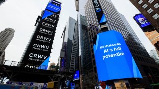 CoreWeave Inc. signage during the company’s initial public offering at the Nasdaq MarketSite in New York, US, on Friday, March 28, 2025. 