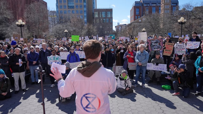 People listen to Griffin Gowdy, a PhD student at Columbia University,