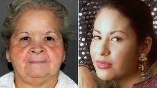 This combination of photos shows Yolanda Saldivar, who is serving a life sentence at the Patrick L. O’Daniel Unit in Gatesville, Texas, left, and Tejano music star Selena posing in Corpus Christi, Texas, on March 7, 1995. (Texas Department of Criminal Justice via AP, left, and Paul Howell,/Houston Chronicle via AP)
