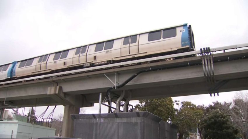 A BART train is stopped at El Cerrito Plaza station after a person on the tracks was struck and killed. (March 4, 2025)