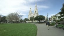 Saints Peter and Paul Church looks out on Washington Square Park in North Beach.