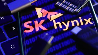 Illustration of the SK Hynix logo displayed on a phone screen.