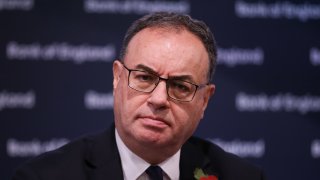 Andrew Bailey, governor of the Bank of England (BOE), during the Monetary Policy Report news conference at the bank’s headquarters in the City of London, UK, on Thursday, Nov. 2, 2023. The Bank of England left its benchmark lending rate at a 15-year high, ruling out any possibility of letting up on its fight against inflation for the foreseeable future. Photographer: Hollie Adams/Bloomberg via Getty Images