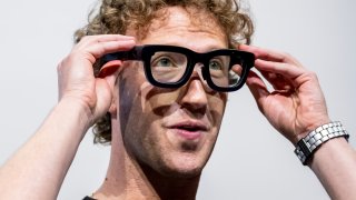 Mark Zuckerberg, CEO of Meta Platforms Inc., wears Orion augmented reality glasses during the Meta Connect event in Menlo Park, California, on Sept. 25, 2024.
