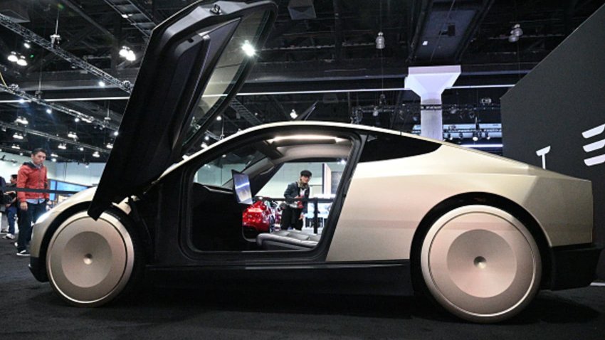 Tesla’s Cybercab robotaxi is displayed during the AutoMobility LA 2024 auto show at the Los Angeles Convention Center in Los Angeles, November 21, 2024. 