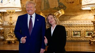 Then U.S. President-elect Donald Trump and Italian Prime Minister Giorgia Meloni at Mar-a-Lago in Palm Beach, Florida, on Jan. 4, 2025.