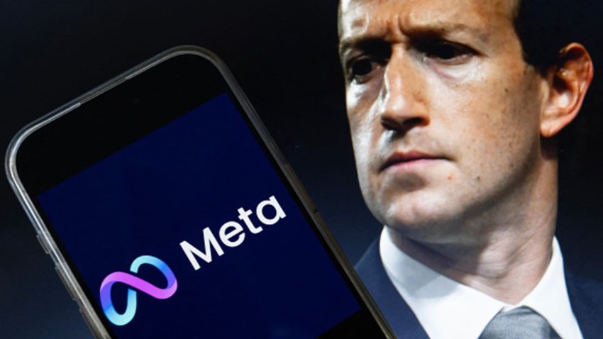 This photo illustration created on Jan. 7, 2025, in Washington, D.C., shows an image of Mark Zuckerberg, CEO of Meta, and an image of the Meta logo.