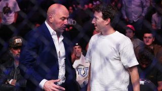 UFC CEO Dana White, left, and Meta CEO Mark Zuckerberg attend the UFC 300 event at T-Mobile Arena in Las Vegas, Nevada, April 13, 2024.