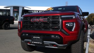 GMC trucks are displayed at Hanlees Hilltop GMC in Richmond, California, on Jan. 28, 2025.