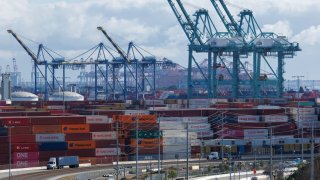 A drone view shows shipping containers from China, at the China Shipping (North America) Holding Company Ltd. facility at the Port of Los Angeles in Wilmington, California, Feb. 4, 2025. 
