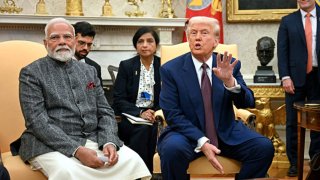 US President Donald Trump speaks with the press as he meets with Indian Prime Minister Narendra Modi in the Oval Office of the White House in Washington, DC, on Feb. 13, 2025.