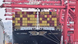 Shipping containers on the MSC Livorno await unloading at the Port of Long Beach, California on March 5, 2025, one day after US President Donald Trump.