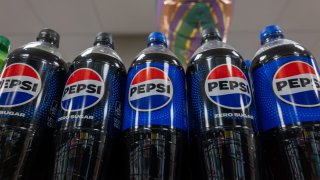 Bottles of Pepsi soda are displayed in a store on March 17, 2025 in New York City. 