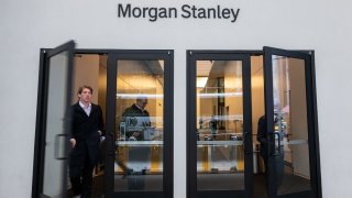People walk out of the Morgan Stanley global headquarters in Manhattan on March 20, 2025 in New York City.