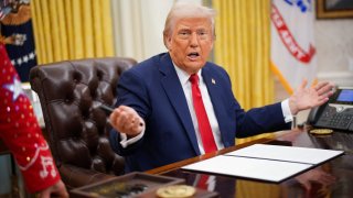 U.S. President Donald Trump speaks alongside entertainer Kid Rock before signing an executive order in the Oval Office of the White House on March 31, 2025 in Washington, DC.