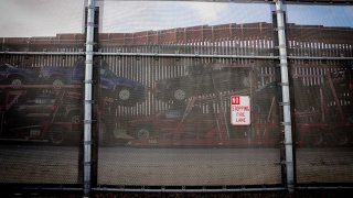 Trucks coming from Mexico enter the United States to an inspection station after crossing the border in Otay Mesa, California, on April 1, 2025.
