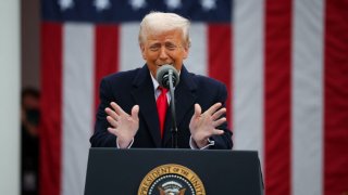 U.S. President Donald Trump gestures as he delivers remarks on tariffs in the Rose Garden at the White House in Washington, D.C., U.S., April 2, 2025. 