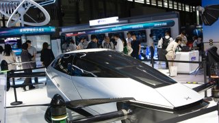 A flying taxi displayed at the China Telecom booth at SNIEC in Shanghai, on June 26, 2024, during the opening of Mobile World Congress 2024.