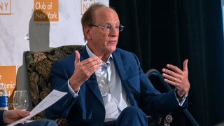 BlackRock CEO Larry Fink speaks at the Economic Club of New York on April 07, 2025, in New York City.