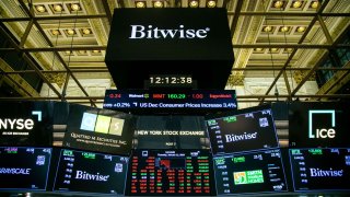 Bitwise Spot Bitcoin ETF (BITB) signage on the floor of the New York Stock Exchange (NYSE) in New York, US, on Thursday, Jan. 11, 2024, with trading commencing on the first US exchange-traded funds that invest directly in the biggest cryptocurrency.