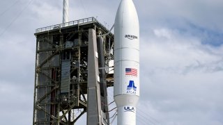 A United Launch Alliance Atlas V rocket is on the launch pad carrying Amazon’s Project Kuiper internet network satellites, which are expected to eventually rival Elon Musk’s Starlink system, at the Cape Canaveral Space Force Station in Cape Canaveral, Florida, U.S., April 9, 2025. 