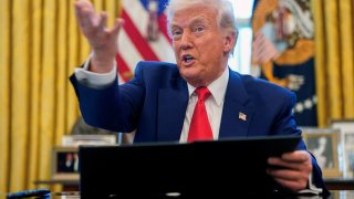 U.S. President Donald Trump speaks, as he signs executive orders and proclamations in the Oval Office at the White House in Washington, D.C., U.S., April 9, 2025. 