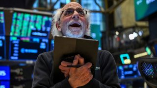 A trader works on the floor of the New York Stock Exchange during afternoon trading on April 9, 2025 in New York.