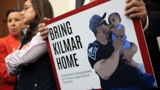 U.S. Rep. Nydia Velazquez (D-NY) (L) and Rep. Juan Vargas (D-CA) (R) hold pictures of Kilmar Abrego Garcia during a news conference to discuss Abrego Garcia’s arrest and deportation at Cannon House Office Building on April 9, 2025 in Washington, DC.