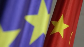 The flags of the European Union (L) and China stand side by side at the Chancellery on June 20, 2023 in Berlin, Germany.