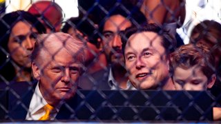 President Donald Trump and Elon Musk attend UFC 314 at the Kaseya Center on Saturday, April 12, 2025, in downtown Miami.