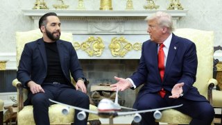 U.S. President Donald Trump meets with El Salvador President Nayib Bukele in the Oval Office at the White House in Washington, April 14, 2025.