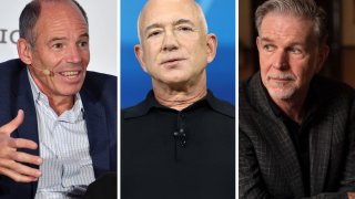 Netflix co-founder Marc Randolph, founder and executive chairman of Amazon and owner of the Washington Post, Jeff Bezos, and Netflix co-founder and CEO, Reed Hastings.